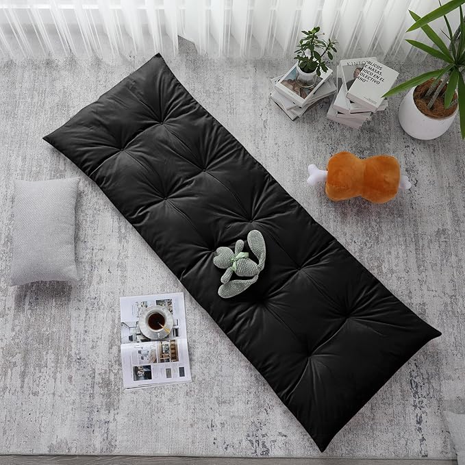 HOMBYS Floor Lounger Pillow Foldable and Tufted Design Long Floor Cushion for Yoga, Reading, Sleeping, Meditation, Elastic Band for Roll Up and Easy Storage, Machine Washable, Black, 74"x27"
