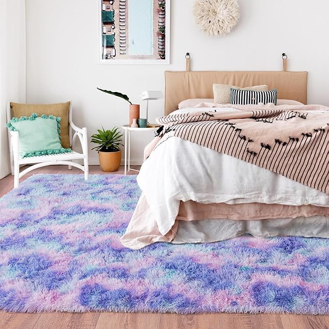 Rugs for Living Room 6x9, Soft Shaggy Modern Shag Area Rug for Bedroom, Upgrade Non-Slip Plush Fluffy Carpet for Kids Boys Girls Room Home Decor Aesthetic, Rainbow Purple