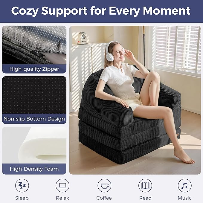 MAXYOYO Folding Sofa Bed with Backrest, Boneless Fold Out Couch Bed with Handle, 2 in 1 Convertible Bean Bag Chair to Floor Sofa Lounger, Comfy Folding Couch for Bedroom & Living Room, Black
