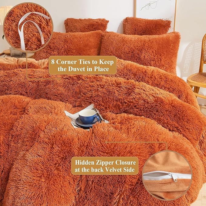 XeGe Fluffy Faux Fur Duvet Cover Set, Luxury Ultra Soft Plush Shaggy Terracotta Bedding Set 3 Pieces Velvet(1 Fuzzy Comforter Cover + 2 Furry Pillow Cases), Zipper Closure (King, Burnt Orange)