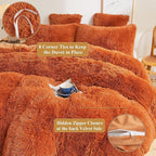 XeGe Fluffy Faux Fur Duvet Cover Set, Luxury Ultra Soft Plush Shaggy Terracotta Bedding Set 3 Pieces Velvet(1 Fuzzy Comforter Cover + 2 Furry Pillow Cases), Zipper Closure (King, Burnt Orange)