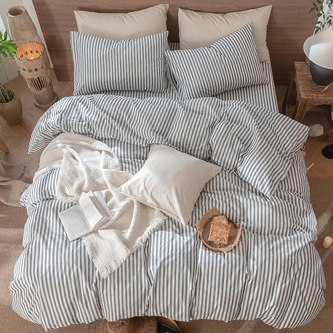 MooMee Striped Duvet Cover Set 100% Washed Cotton Linen Like Textured Breathable Durable Soft Comfy (Dark Grey White Classic Stripes, Super Queen 90"x98")