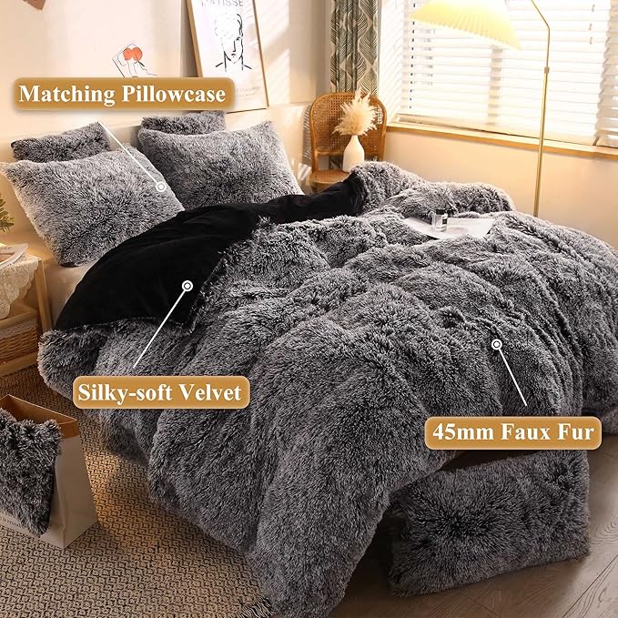 XeGe Plush Shaggy Duvet Cover Set, Luxury Ultra Soft Crystal Velvet Fluffy Bedding Sets 3 Pieces(1 Furry Faux Fur Comforter Cover + 2 Fuzzy Faux Fur Pillow Cases), Zipper Closure(Queen, Black Ombre)