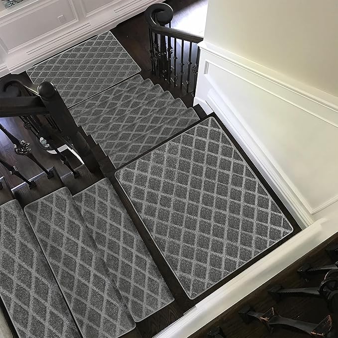 PURE ERA Bullnose Carpet Stair Treads Set Tape Free Non-Slip Indoor Stair Protectors Pet Friendly Rugs 9.5" x 30"(7 Pieces,Grey Diamond Trellis)