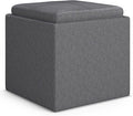 SIMPLIHOME Rockwood Cube Storage Ottoman with Tray - 17 inch Wide Upholstered Linen Look Fabric Square Storage Ottoman in Slate Grey, Contemporary Cube Ottoman for Living Room with Serving Tray