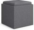 SIMPLIHOME Rockwood Cube Storage Ottoman with Tray - 17 inch Wide Upholstered Linen Look Fabric Square Storage Ottoman in Slate Grey, Contemporary Cube Ottoman for Living Room with Serving Tray