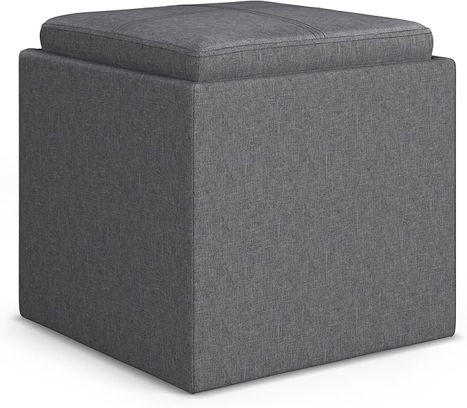 SIMPLIHOME Rockwood Cube Storage Ottoman with Tray - 17 inch Wide Upholstered Linen Look Fabric Square Storage Ottoman in Slate Grey, Contemporary Cube Ottoman for Living Room with Serving Tray