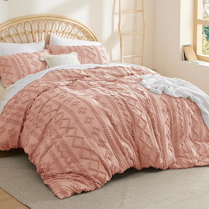 Bedsure Boho Duvet Cover King Size, Soft & Comfortable Elegant Design Boho Bedding for Decoration, Machine Washable Comforter Cover for All Seasons,Includes 1 Duvet Cover & 2 Pillow Shams,Light Pink