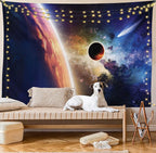 Ambesonne Outer Space Tapestry King Size, Comet Approaches Vibrant Planet Scientific Realities in Solar System World Scene, Wall Hanging Bedspread Bed Cover Wall Decor, 104" X 88", Blue Red
