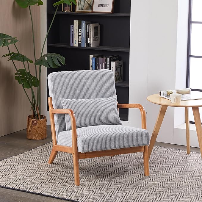 KEIKI Mid-Century Modern Upholstered Accent Chair, Solid Wood Lounge Chair for Living Room