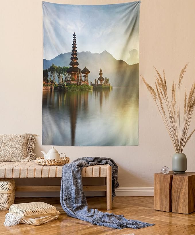Ambesonne Balinese Tapestry Twin Size, Pura Ulun Danu Building Panorama Sunrise on Lake Bratan Bali Indonesia Waterscape, Wall Hanging Bedspread Bed Cover Wall Decor, 68" X 88", Beige Brown