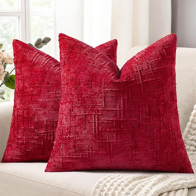 decorUhome Spring Red Chenille Throw Pillow Covers 18x18 Set of 2 Textured Soft Cozy Slubby Couch Pillow Covers Modern Farmhouse Boho Decorative Pillow Cases for Bed Sofa Living Room