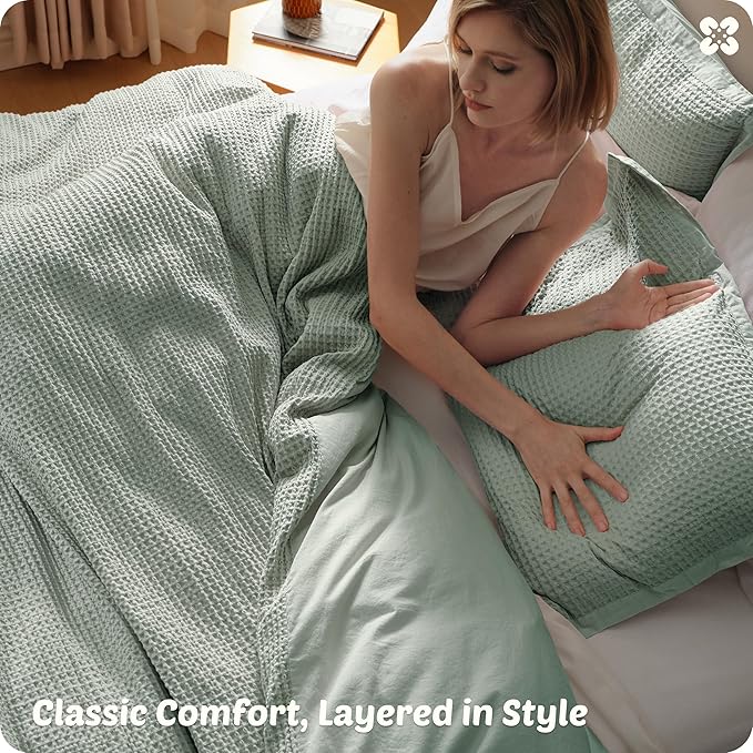 Bedsure Cotton Duvet Cover Queen - 100% Cotton Waffle Weave Sage Green Duvet Cover Queen Size, GentleSoft™ and Breathable Bedding Set for All Season, 3 Pieces, 90"x90"