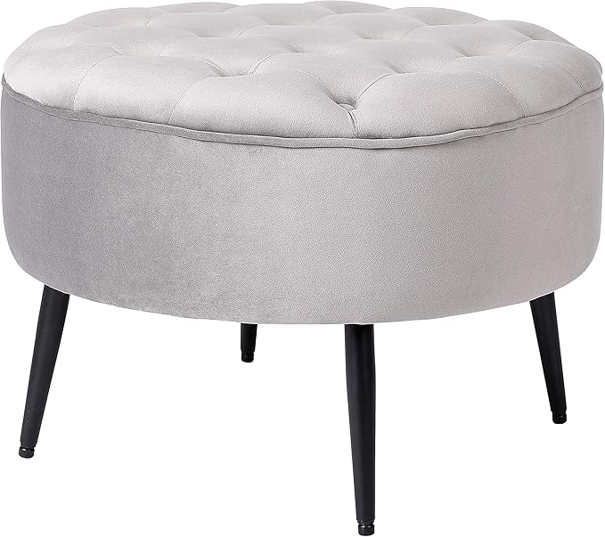 BIRDROCK HOME Tufted Round Ottoman - Velvet Footrest with Cushion and Mid-Century Modern Steel Legs - Ideal for Living Room, Bedroom, or Office Seating - Soft, Compact Decorative Footstool - Grey