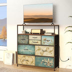 Tohomeor TV Stand with Power Oulet Dresser with Charging Station & LED Light with 8 Fabric Drawers for Living Room Storage Chest of Drawers Retro Dresser with Open Shelf Wooden Top