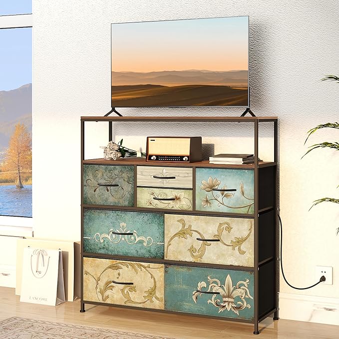 Tohomeor TV Stand with Power Oulet Dresser with Charging Station & LED Light with 8 Fabric Drawers for Living Room Storage Chest of Drawers Retro Dresser with Open Shelf Wooden Top