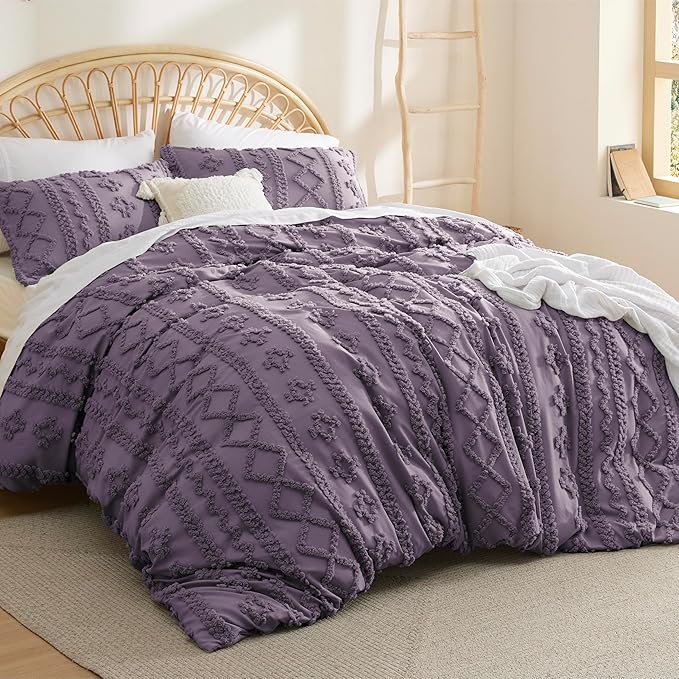 Bedsure Boho Duvet Cover Queen Size, Soft & Comfortable Elegant Design Boho Bedding for Decoration, Machine Washable Comforter Cover for All Seasons,Includes 1 Duvet Cover & 2 Pillow Shams,Purple