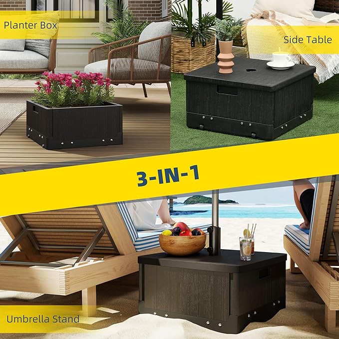 Outsunny 3-in-1 Outdoor Umbrella Base, Coffee End Table, Planter Box with Drain Hole, 175 lbs. Capacity Heavy Duty Fillable Patio Umbrella Stand Table with Wheels and Handles for Deck, Poolside, Black