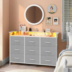 EXOTICA Gray Dresser with LED Light for Bedroom 9 Drawer Dresser with Charging Station Dressers & Chests of Drawers for Entryway Closet Kids Room Hallway Sturdy Steel Frame Wooden Top Easy Pull Handle