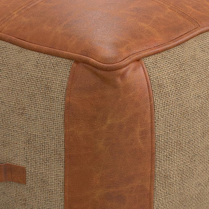 SIMPLIHOME Atkinson Boho Square Pouf in Tan Genuine Leather for the Living Room, Bedroom and Kids Room