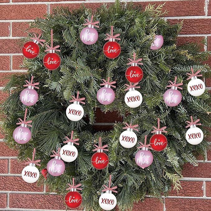 Valentines Tree Decorations, 12 Pcs Valentine Ornaments for Tree, Valentine's Day Hanging Ornament for Christmas Tree, Red Pink White Plastic Ball Ornaments