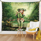 Ambesonne Tale Tapestry, Computer Art Elf Girl Wreath Her Head Sitting on a Tree Stump, Wide Wall Hanging for Bedroom Living Room Dorm, 60" X 40", Green Beige Pink