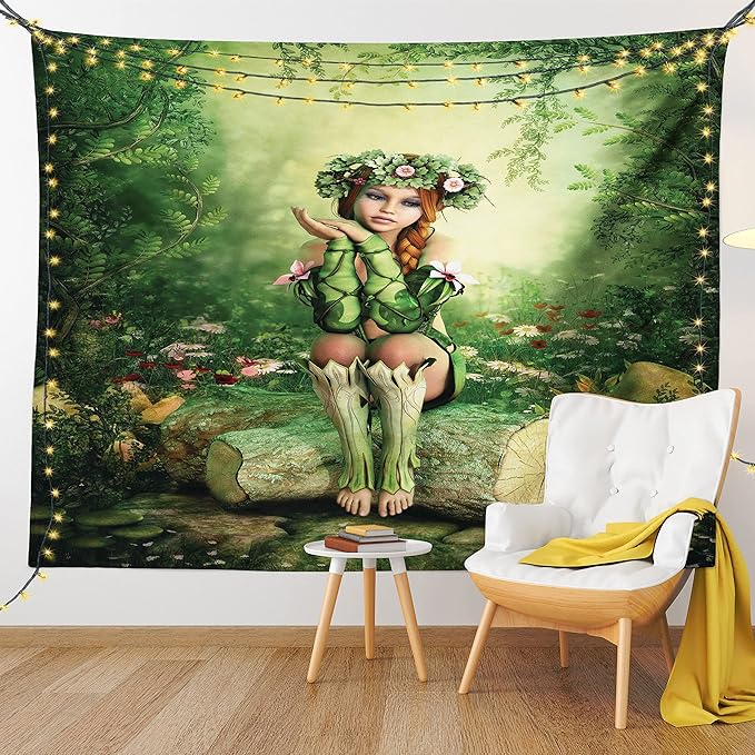 Ambesonne Tale Tapestry King Size, Computer Art Elf Girl Wreath Her Head Sitting on a Tree Stump, Wall Hanging Bedspread Bed Cover Wall Decor, 104" X 88", Green Beige Pink