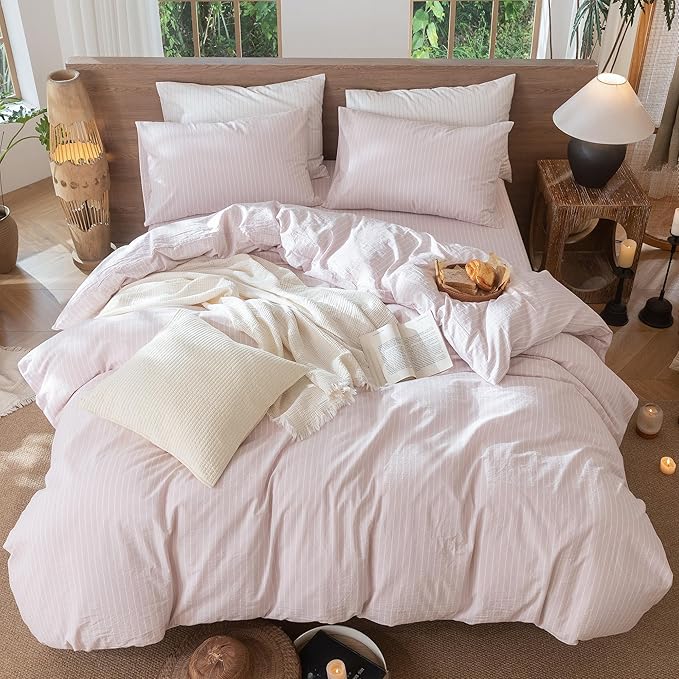 MooMee Striped Duvet Cover Set 100% Washed Cotton Linen Like Textured Breathable Durable Soft Comfy (Heathered Greyish Pink White Wide Stripes, Oversized Full 82"x86")