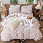 MooMee Striped Duvet Cover Set 100% Washed Cotton Linen Like Textured Breathable Durable Soft Comfy (Heathered Greyish Pink White Wide Stripes, Cal King 104"x98")