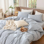 MooMee Gingham Duvet Cover Set 100% Washed Cotton Linen Like Textured Breathable Durable Soft Comfy Modern Checkered Design (Classic Gingham Cornflower Blue, King 104"x90")