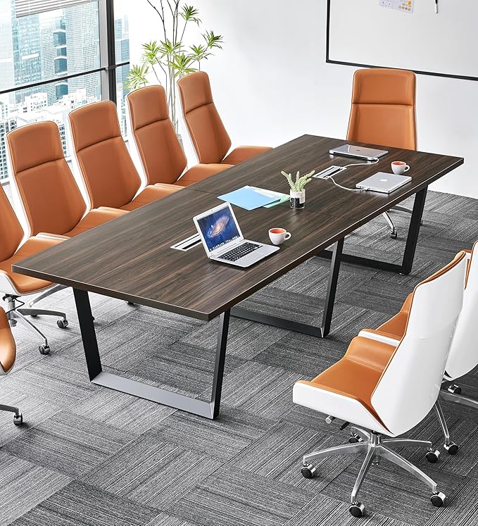 Sturdy Conference Table with Cable Management Grommets Modern Rectangle Office Meeting Table with Wood Tabletop and Metal Frame & Legs- Easy Assembly Boardroom Table (Dark Brown, 10 Foot)