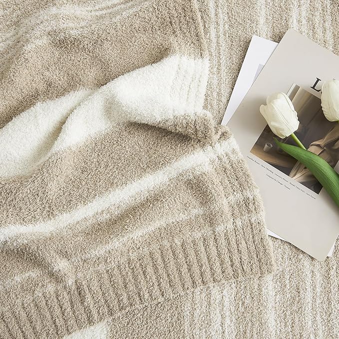 WRENGONGE Khaki Throw Blanket, 50x70 Soft Cozy Striped Throw Blankets for Couch, Sofa, Bed, Travel, Lightweight Fluffy Warm Plush Decorative Blankets for Women, Men Gift