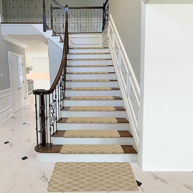 PURE ERA Bullnose Carpet Stair Treads Set Tape Free Non-Slip Indoor Stair Protectors Pet Friendly Rugs 9.5" x 30"(14 Pieces,Khaki Diamond Trellis)