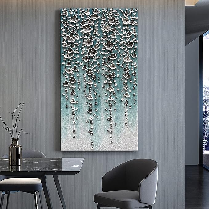 Epicler Large-Scale Oil Painting on Canvas Wall Art,46x23 inches Hand-Painted White Flower Wall Painting, Abstract Canvas Wall Art for Home Wall Decoration