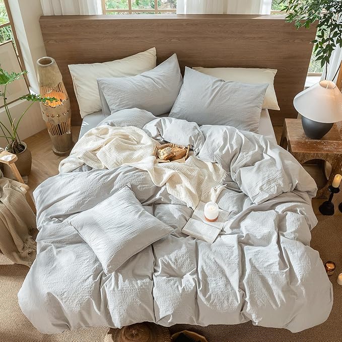 MooMee Wavy Striped Duvet Cover Set 100% Washed Cotton Linen Like Textured Breathable Durable Soft Comfy (Light Grey, Oversized Queen 98"x98")