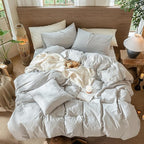 MooMee Wavy Striped Duvet Cover Set 100% Washed Cotton Linen Like Textured Breathable Durable Soft Comfy (Light Grey, Full 80"x90")