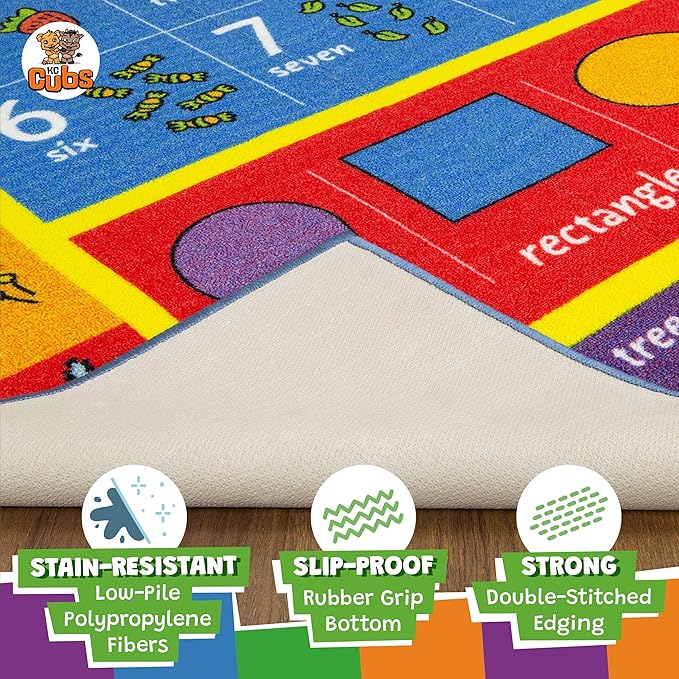 KC Cubs 5x7 ABC Alphabet, Numbers & Shapes Rug – Educational Non-Slip Play Mat Carpet for Kids, Toddlers, Nursery, Classroom, Playroom, Baby Daycare