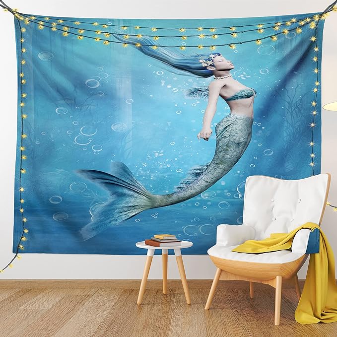 Ambesonne Underwater Tapestry Queen Size, Mermaid Fishtail Floating Bubbles Mythical Creature Ocean Life Art Print, Wall Hanging Bedspread Bed Cover Wall Decor, 88" X 88", Blue Gray