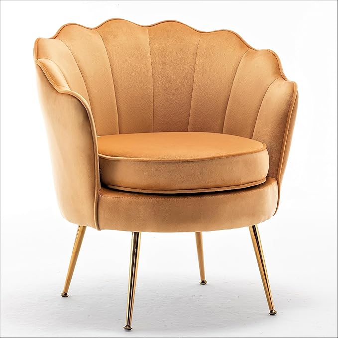 Velvet Barrel Accent Chair with Scalloped Silhouette and Gold Metal Legs, Decorative Piece Suitable for Traditional, Modern, and Contemporary Spaces, Mustard Yellow