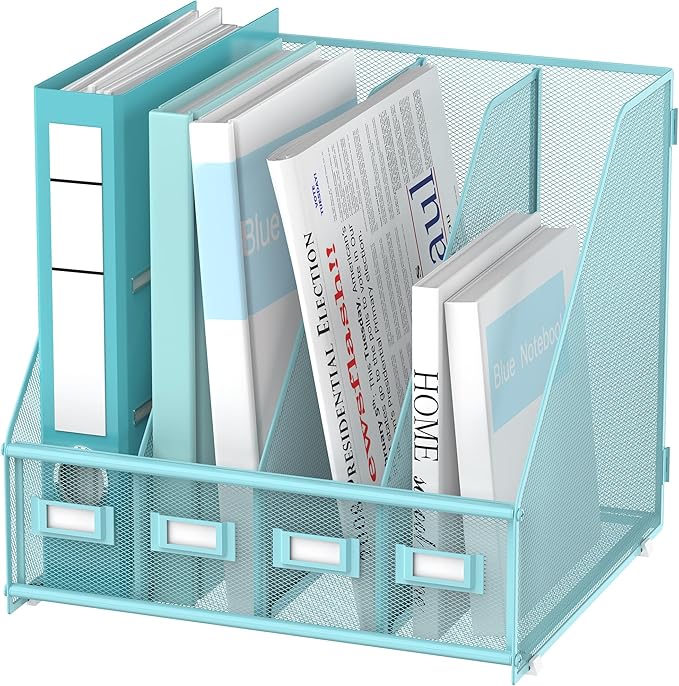 SUPEASY Magazine File Holder Desk Organizer, Metal Binder Holder with 4 Vertical Compartments for Office Home School, Blue