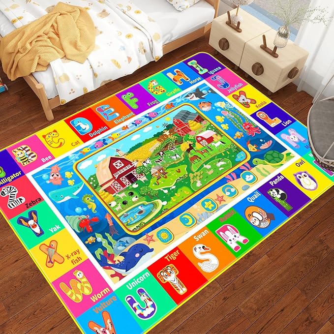 Kids Rug for Playroom, ABC Educational Rug with Farm Sea Animal Print, Floor Play Mat Carpet for Bedroom Nursery Preschool Classroom (59 X 39.4 INCH, Farm)