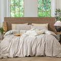MooMee Gingham Duvet Cover Set 100% Washed Cotton Linen Like Textured Breathable Durable Soft Comfy Modern Checkered Design (Tannish Linen Grey Gingham, Queen 90"x90")