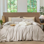 MooMee Gingham Duvet Cover Set 100% Washed Cotton Linen Like Textured Breathable Durable Soft Comfy Modern Checkered Design (Tannish Linen Grey Gingham, Queen 90"x90")