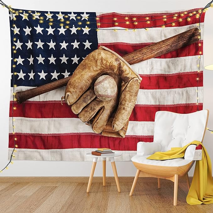 Ambesonne Baseball Tapestry, Vintage Baseball League Equipment Usa Grunge Glove Bat Fielding Sports Theme, Fabric Wall Hanging Decor for Bedroom Living Room Dorm, 30" X 45", Red Brown
