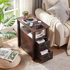 Farmhouse XXL End Table with Charging Station, Narrow Side Table with USB Ports and Outlets, Nightstand with 2 Drawers Storage, Bedside Tables for Living Room, Bedroom, Rustic Cherry