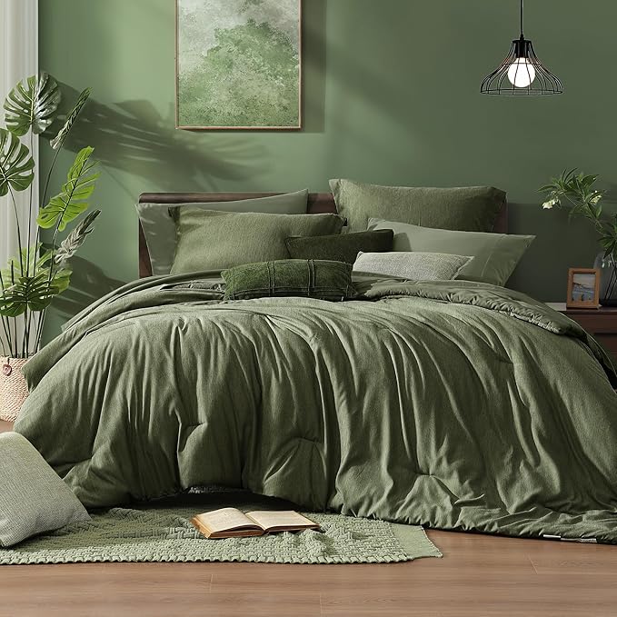Monbix Twin XL Comforter Set Olive Green, Cationic Dyeing Bedding Set Reversible 5 Pieces, All Season Bed in a Bag with Comforter, Sheets, Pillowcase & Sham