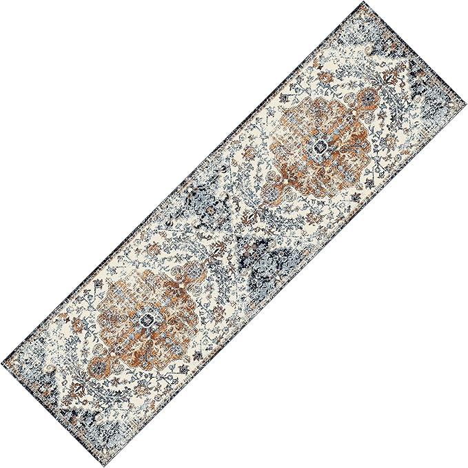 MICRODRY Runner Rug, Low-Profile Design for Sleek, Bulk-Free Look. Machine Washable, Stain-Resistant, Skid-Resistant Backing, Ideal for Bedroom Hallway, Kitchen, or Entryway, 2x7', Yasmin (Blue/Rust)