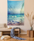 Ambesonne Tropical Island Tapestry, Ocean Waves on Seychelles Beach at the Sunset Time Skyline, Fabric Wall Hanging Decor for Bedroom Living Room Dorm, 23" X 28", Turquoise Sky Blue Umber