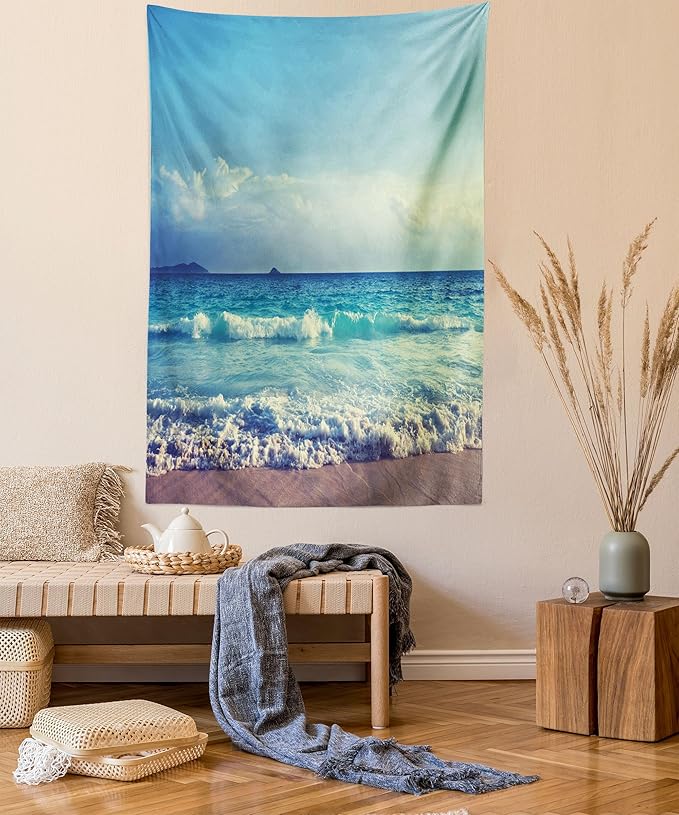 Ambesonne Tropical Island Tapestry, Ocean Waves on Seychelles Beach at the Sunset Time Skyline, Wall Hanging for Bedroom Living Room Dorm Decor, 60" X 80", Turquoise Sky Blue Umber