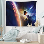 Ambesonne Outer Space Tapestry King Size, Comet Approaches Vibrant Planet Scientific Realities in Solar System World Scene, Wall Hanging Bedspread Bed Cover Wall Decor, 104" X 88", Blue Red